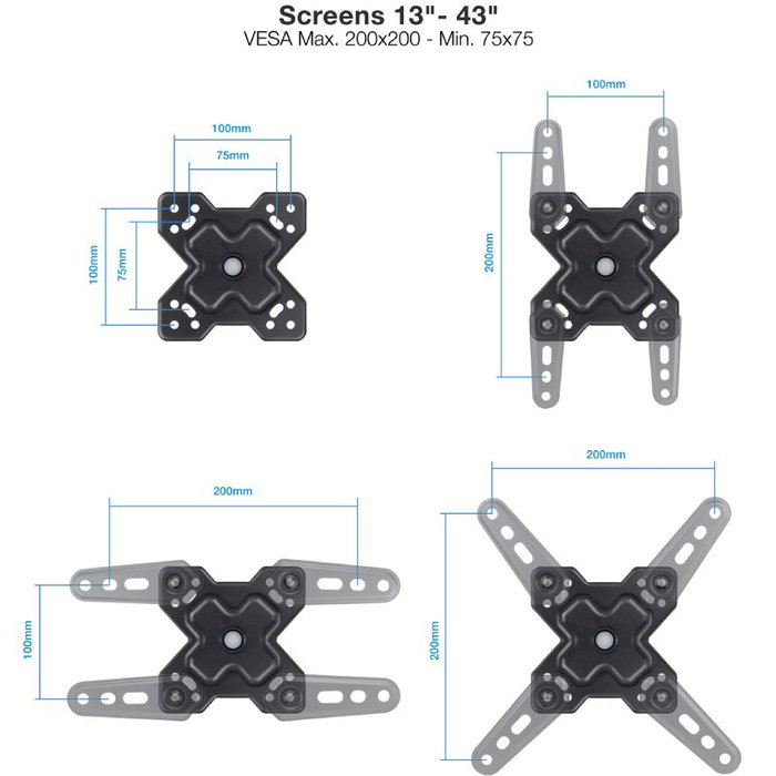 TOOQ Soporte de Pared para Pantallas 13-43 Pulgadas, Negro